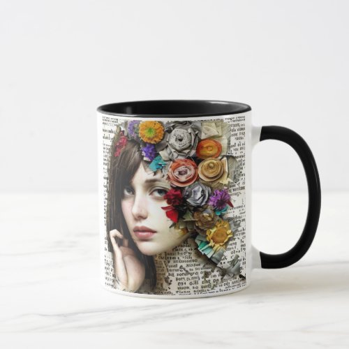 Collage Art  Pretty Girl with Flowers in her Hair Mug