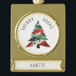 Collage Christmas Tree Gold Plated Banner Ornament<br><div class="desc">Features a collage Christmas tree in a color palette of red and green. Personalize with a name.</div>
