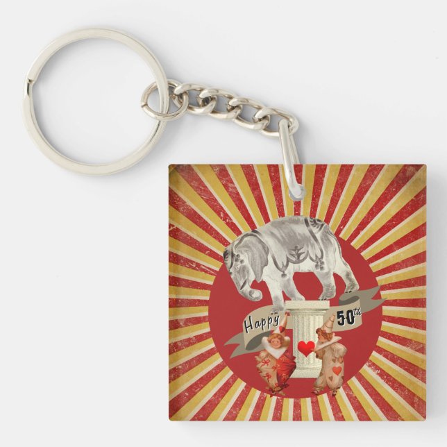 Collage Circus Elephant Vintage Stripe Poster Keychain (Front)