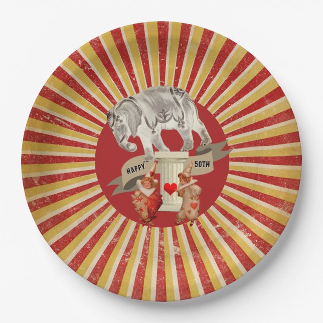 Collage Circus Elephant Vintage Stripe Poster Paper Plates (Front)