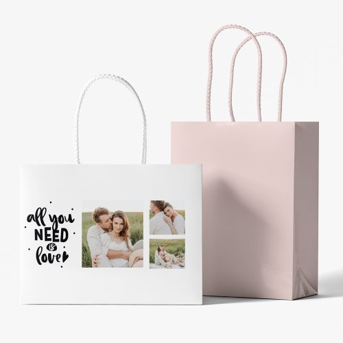 Collage Couple Photo  All You Need Is Love Quote Large Gift Bag
