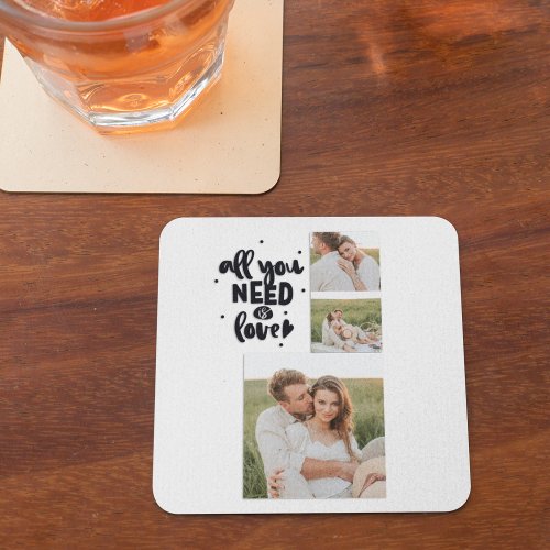 Collage Couple Photo  All You Need Is Love Quote Square Paper Coaster