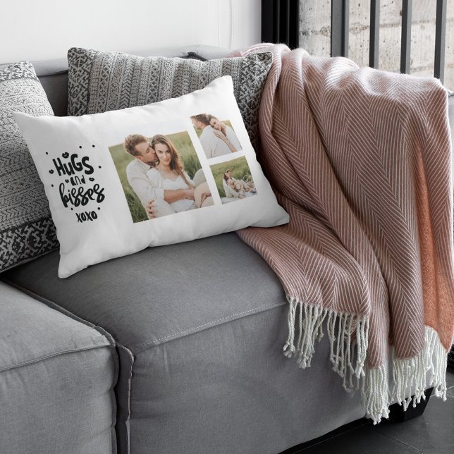 Collage Couple Photo & Hugs And Kisses Phrase Love Lumbar Pillow (Creator Uploaded)