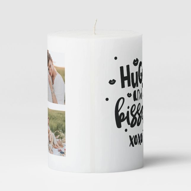 Collage Couple Photo & Hugs And Kisses Phrase Love Pillar Candle (Back)