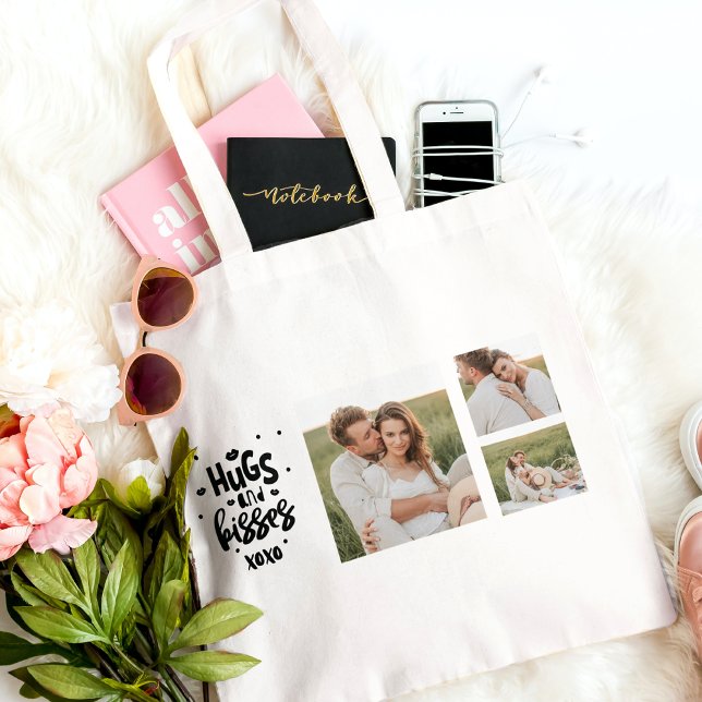 Collage Couple Photo & Hugs And Kisses Phrase Love Tote Bag (Creator Uploaded)