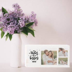 Collage Couple Photo & Hugs And Kisses Phrase Love Wooden Box Sign