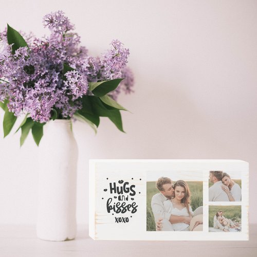 Collage Couple Photo  Hugs And Kisses Phrase Love Wooden Box Sign