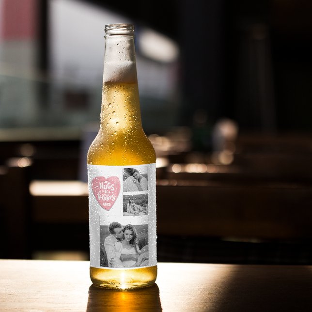 Collage Couple Photo & Hugs And Kisses PInk Heart Beer Bottle Label (Creator Uploaded)