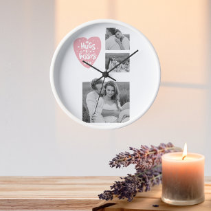 Collage Couple Photo & Hugs And Kisses PInk Heart Clock