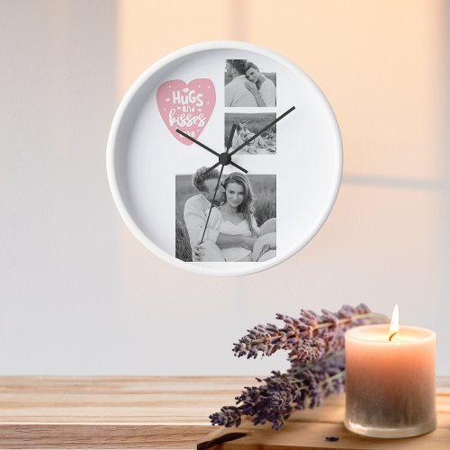 Collage Couple Photo  Hugs And Kisses PInk Heart Clock