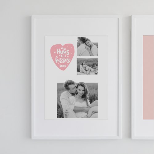 Collage Couple Photo  Hugs And Kisses PInk Heart Poster