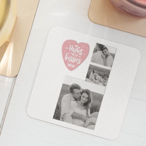 Collage Couple Photo  Hugs And Kisses PInk Heart Square Paper Coaster