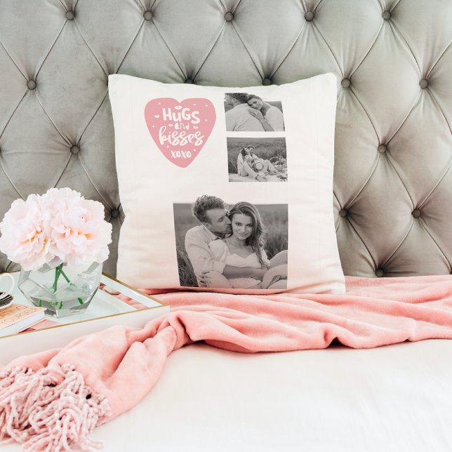 Collage Couple Photo & Hugs And Kisses PInk Heart Throw Pillow (Creator Uploaded)