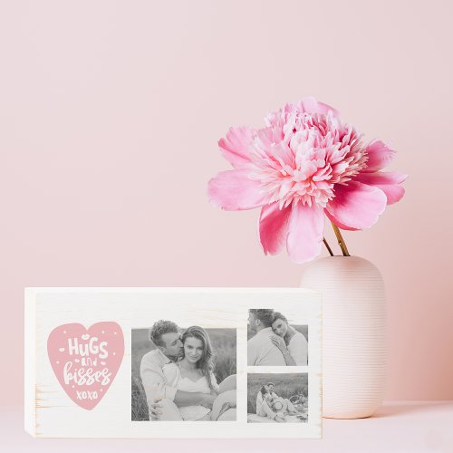 Collage Couple Photo  Hugs And Kisses PInk Heart Wooden Box Sign