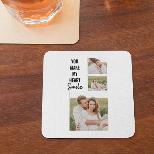 Collage Couple Photo  Lovely Romantic Quote Square Paper Coaster