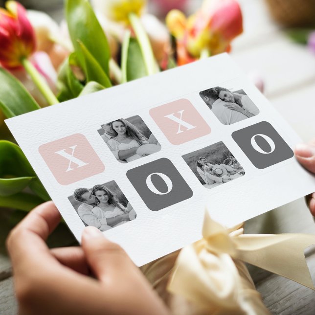 Collage Couple Photo & Pastel Pink & Gray XOXO Holiday Postcard (Creator Uploaded)