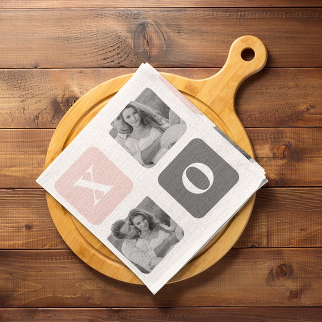 Collage Couple Photo & Pastel Pink & Grey XOXO Kitchen Towel (Creator Uploaded)