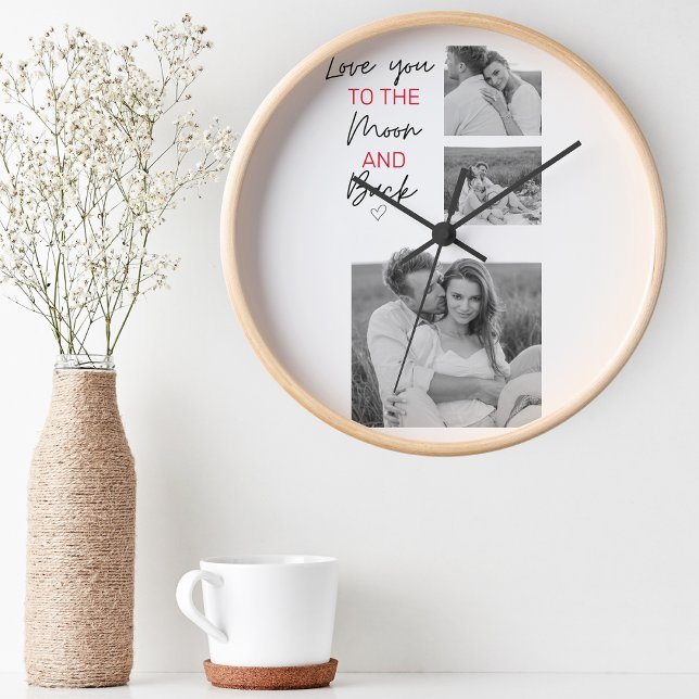 Collage Couple Photo & Romantic Quote To The Moon Round Clock (Creator Uploaded)