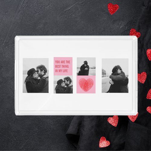 Collage Couple Photo  Valentines Pink  Red Heart Acrylic Tray