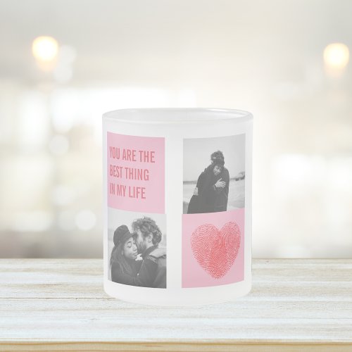 Collage Couple Photo  Valentines Pink  Red Heart Frosted Glass Coffee Mug