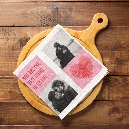 Collage Couple Photo  Valentines Pink  Red Heart Kitchen Towel