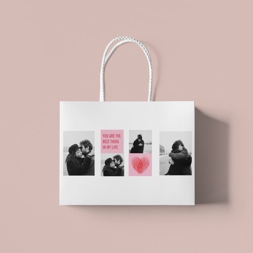 Collage Couple Photo  Valentines Pink  Red Heart Large Gift Bag