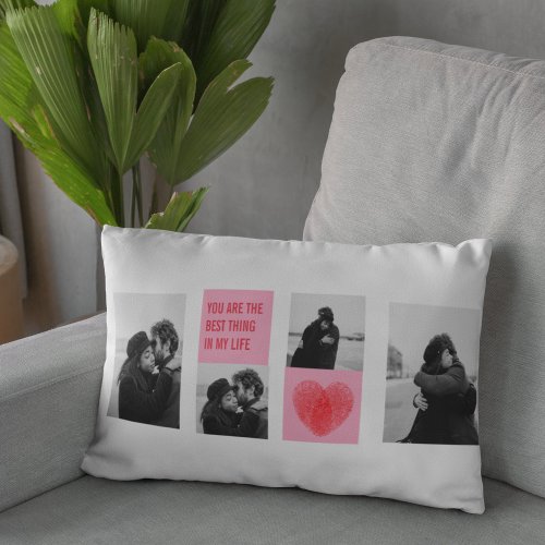 Collage Couple Photo  Valentines Pink  Red Heart Lumbar Pillow