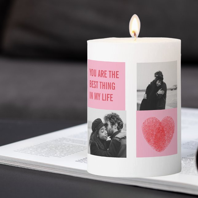 Collage Couple Photo | Valentines Pink & Red Heart Pillar Candle (Creator Uploaded)