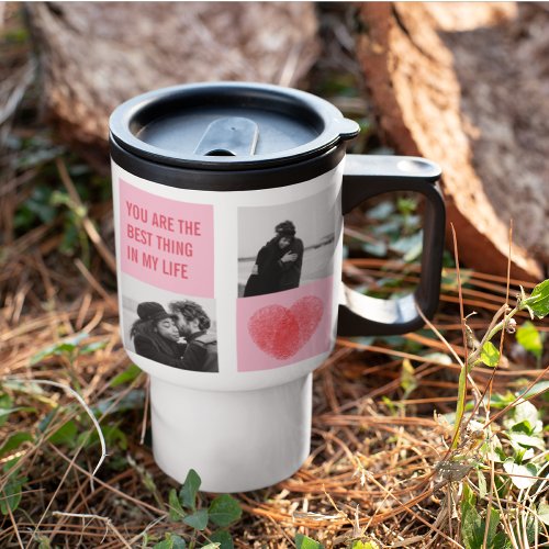 Collage Couple Photo  Valentines Pink  Red Heart Travel Mug