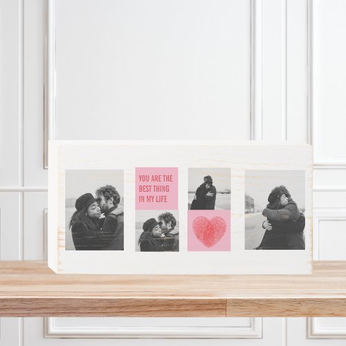 Collage Couple Photo  Valentines Pink  Red Heart Wooden Box Sign