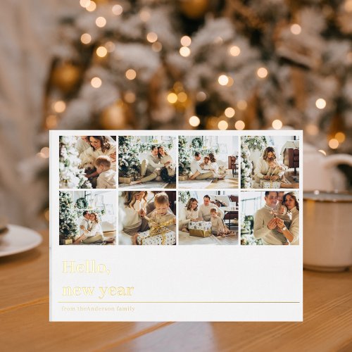 Collage Family Photo  Hello New Year Foil Holiday Postcard