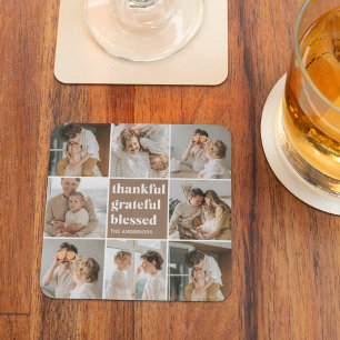 Collage Family Photo   Thankful Grateful Blessed Glass Coaster