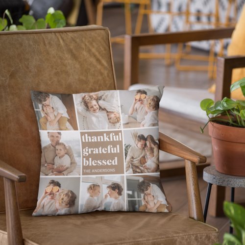 Collage Family Photo  Thankful Grateful Blessed Outdoor Pillow