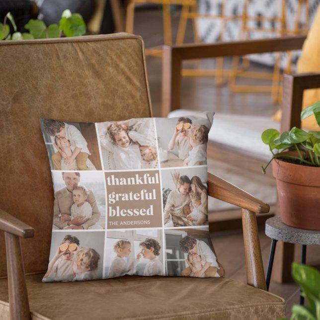 Collage Family Photo | Thankful Grateful Blessed Outdoor Pillow (Creator Uploaded)