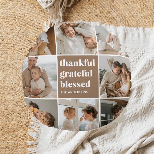 Collage Family Photo  Thankful Grateful Blessed Round Pillow