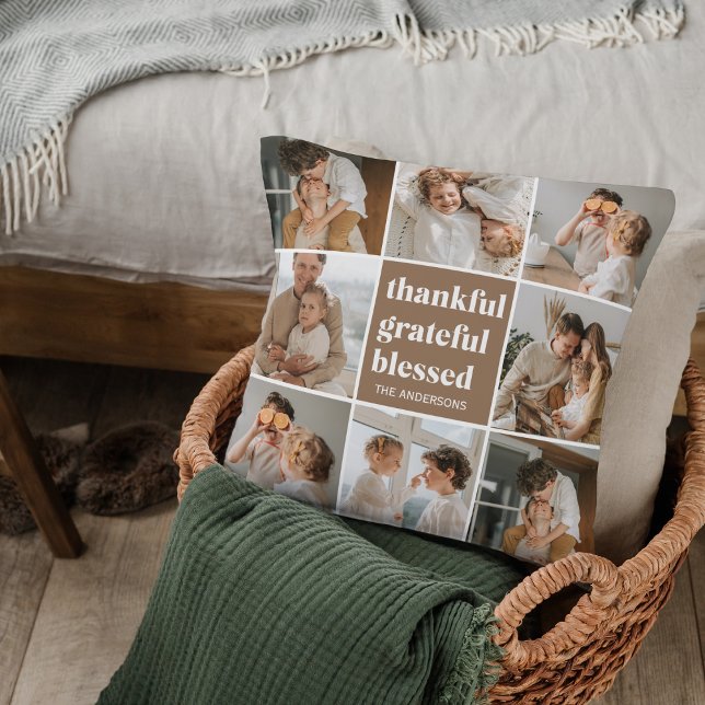 Collage Family Photo | Thankful Grateful Blessed Throw Pillow (Creator Uploaded)