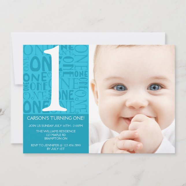 Collage First Birthday Invitation - Blue (Front)