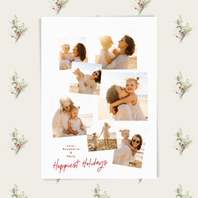 Collage Minimal Simple Red Multi 7 Photo Happiest Holiday Card (Creator Uploaded)