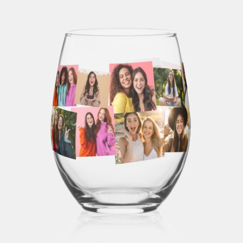 Collage of 14 photos fun cute custom text stemless wine glass