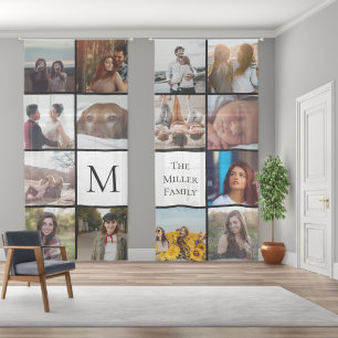 Collage of 14 photos with monogram and family name sheer curtains