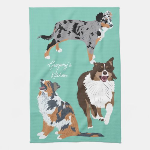 Collage of Autralian Shepherds Aussie Dogs Kitchen Towel