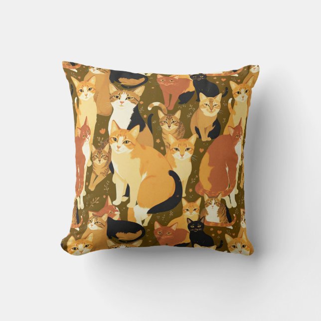 Collage of Cats in Brown, Tan and Rust Throw Pillow (Front)