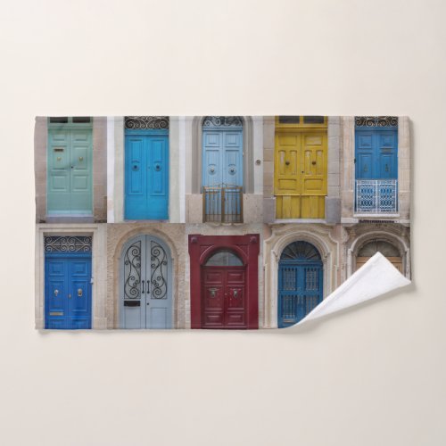 Collage of colorful front doors hand towel 