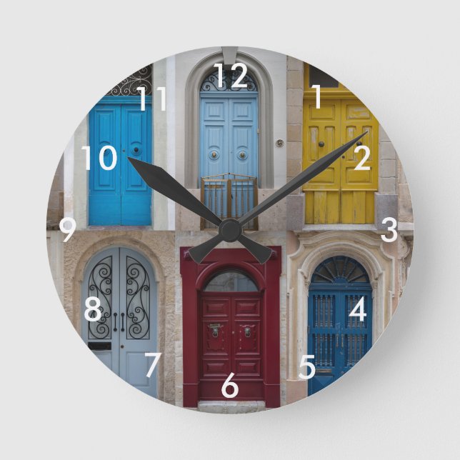 Collage of colorful front doors round clock (Front)