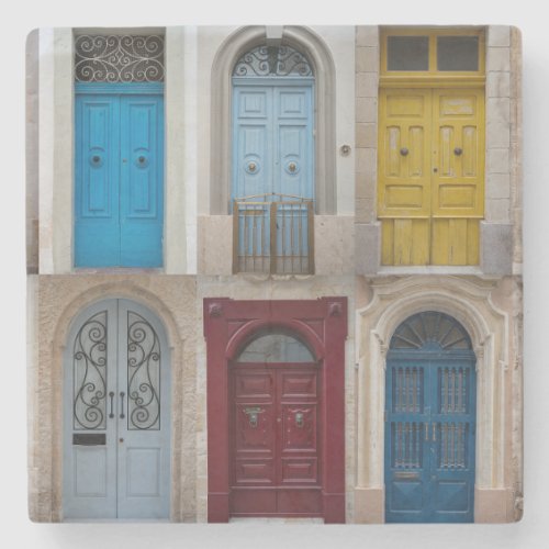 Collage of colorful front doors stone coaster