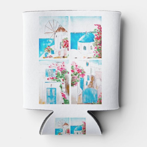 Collage of Greece watercolor painting Can Cooler