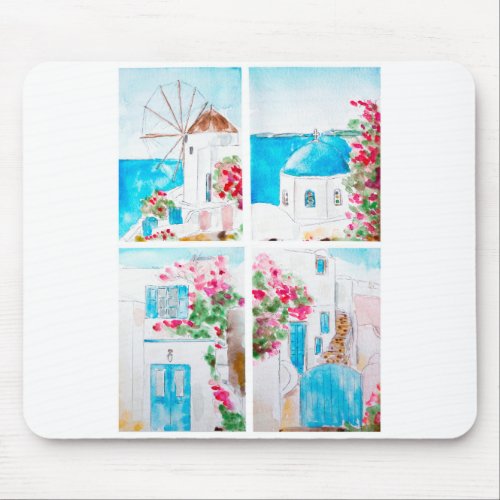 Collage of Greece watercolor painting Mouse Pad