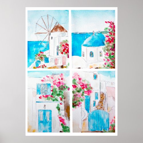 Collage of Greece watercolor painting Poster