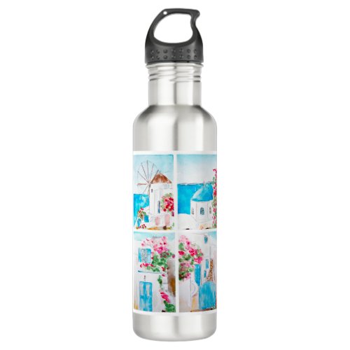 Collage of Greece watercolor painting Stainless Steel Water Bottle