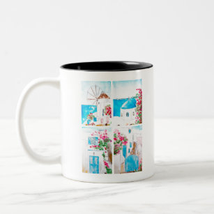 Collage of Greece watercolor painting Two-Tone Coffee Mug